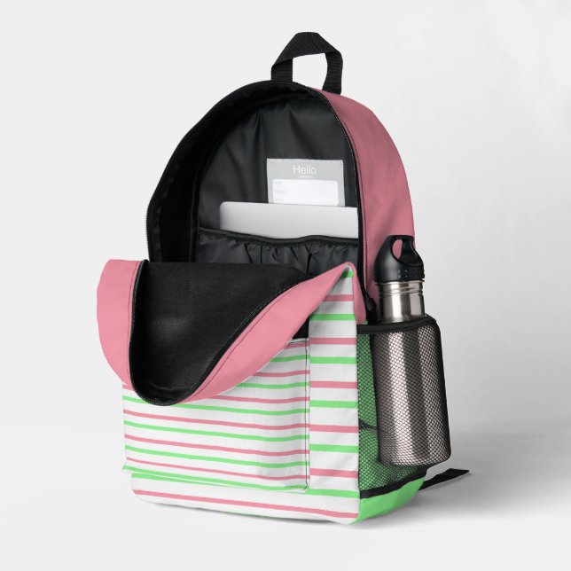 Sac À Dos Imprimé Jolies bandes géométriques rose vert blanc (Coin arrière droit (ouvert))