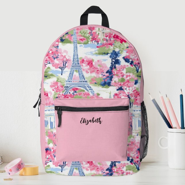 Sac À Dos Imprimé Jolies filles roses Tour Eiffel Floral (A cute pink Paris Eiffel Tower girls school backpack. so fun for back to school.)