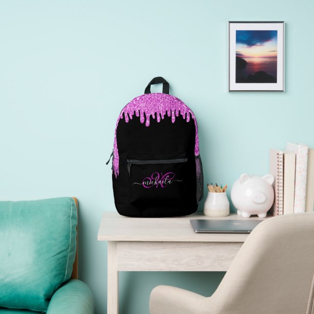 Sac À Dos Imprimé Lavande rose étincelante et Monogramme noir (Insitu)
