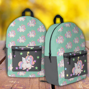 Sac À Dos Imprimé Licorne arc-en-ciel menthe et charbon de bois nom