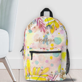 Sac À Dos Imprimé Ligne Whimsical Art Aquarelle Splashes et nom