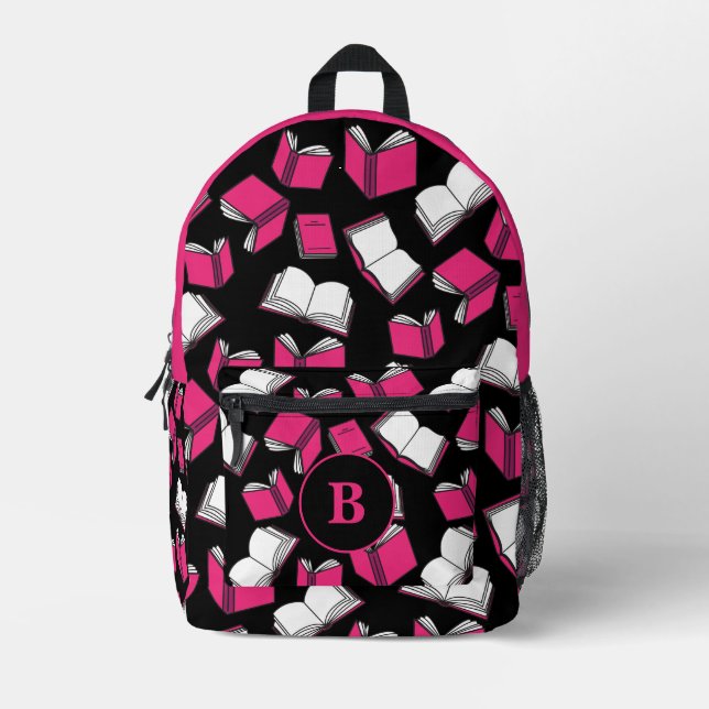 Sac À Dos Imprimé Livre Lover Bibliothécaire rose noir Monogramme (Recto)