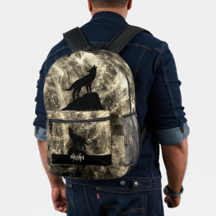 Sac À Dos Imprimé Loup hurlant sépia brun abstrait noir Monogramme