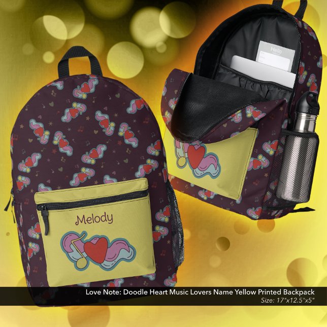 Sac À Dos Imprimé Love Note : Doodle Heart Music Lovers Nom Jaune (Love Note Doodle Design Backpack: Personalized with Owner's Name - Yellow Accent Color)