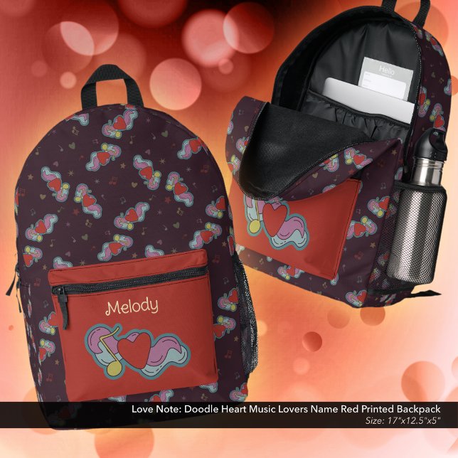 Sac À Dos Imprimé Love Note : Doodle Heart Music Lovers Nom Rouge (Love Note Doodle Design Backpack: Personalized with Owner's Name - Red Accent Color)