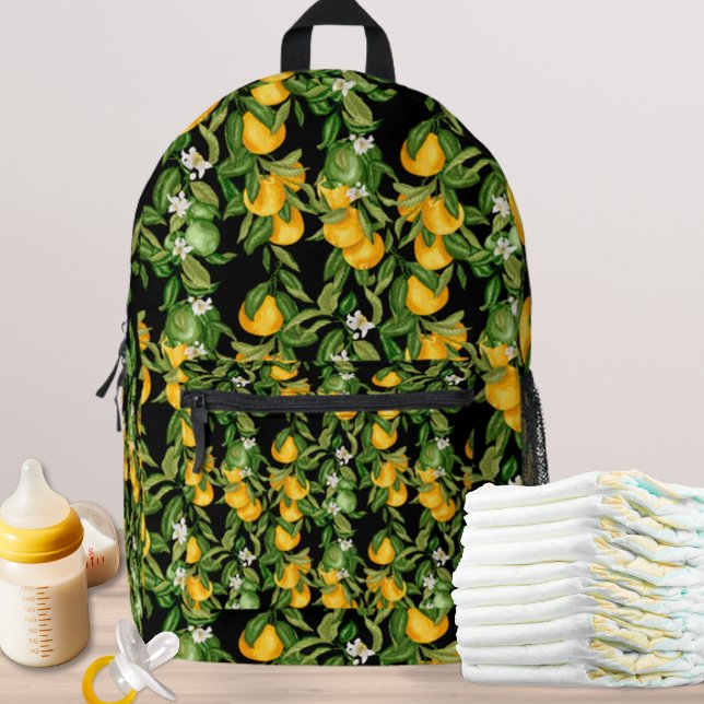 Sac À Dos Imprimé Mediterranean Lemon Baby Essentials (Chic Baby Gear Backpack with lemons pattern on black)