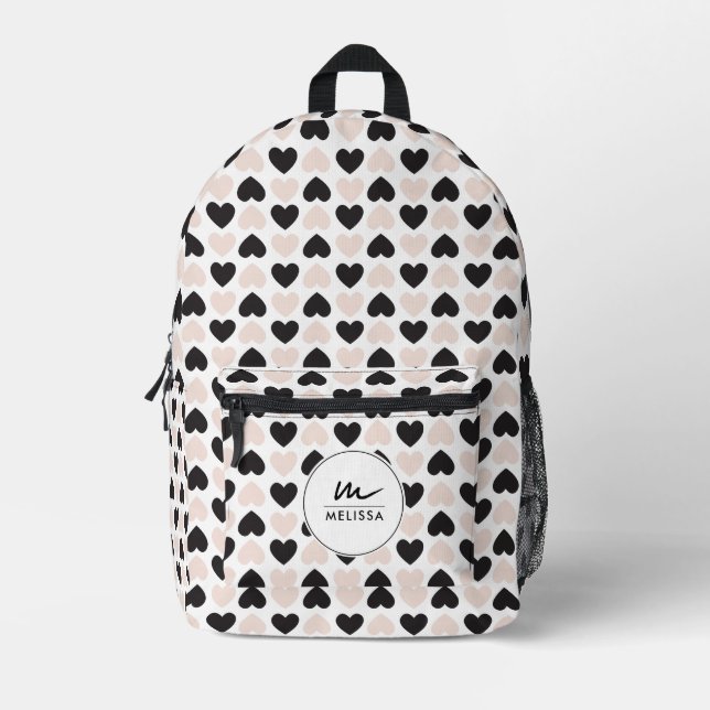Sac À Dos Imprimé Moderne Blush rose noir Coeurs d'amour Monogramme (Recto)