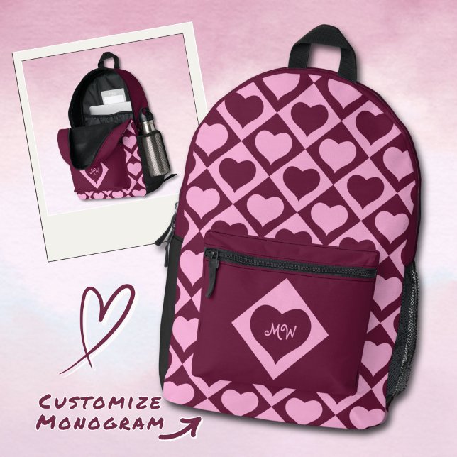 Sac À Dos Imprimé Monogram Heart Checkerboard Pattern Bordeaux Pink  (Créateur téléchargé)