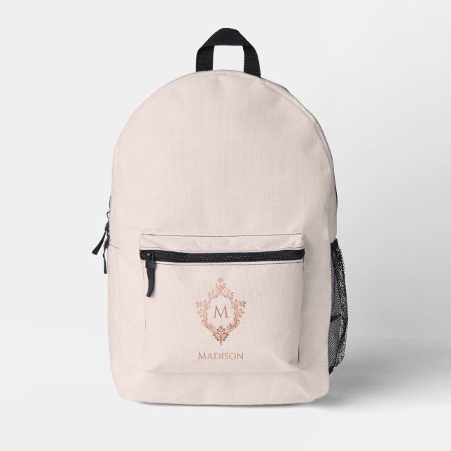 Sac À Dos Imprimé Monogramme Blush Rose Gold Crest & Custom Name (Recto)