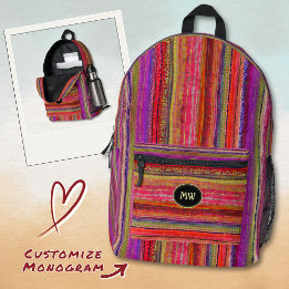 Sac À Dos Imprimé Monogrammé Bohème Vintage Rouge Violet Rayures -