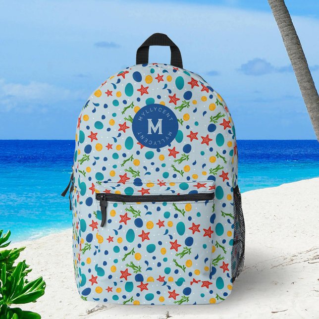 Sac À Dos Imprimé Monogramme de nom personnalisé inspiré de la plage (Custom tropical ocean beach backpack for summertime with personalized name and initial)