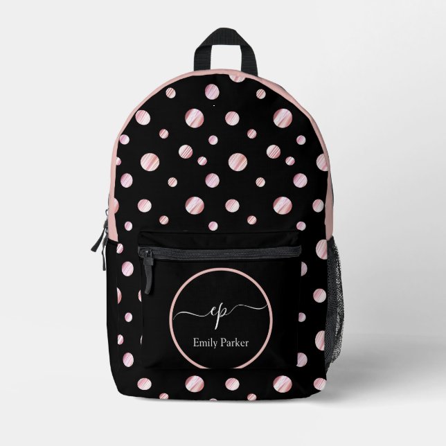 Sac À Dos Imprimé Monogramme de script Nom personnalisé Polka Noir C (Recto)