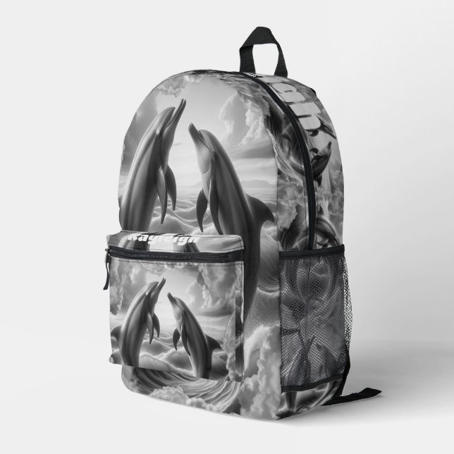 Sac À Dos Imprimé Monogramme Dolphins noir et blanc Océan | (Coin arrière droit)