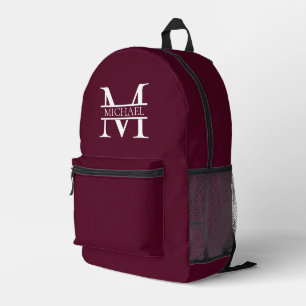 Sac À Dos Imprimé Monogramme et nom Elegant Bourgogne Personnalisé