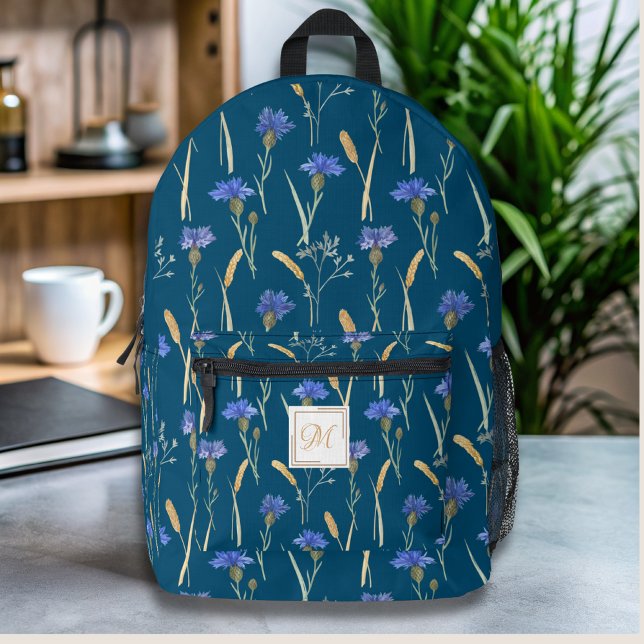 Sac À Dos Imprimé Monogramme Fleur sauvage Floral Bleu (Créateur téléchargé)