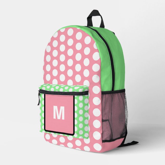 Sac À Dos Imprimé Monogramme Pastel Rose Vert Pois blancs (Coin arrière droit)