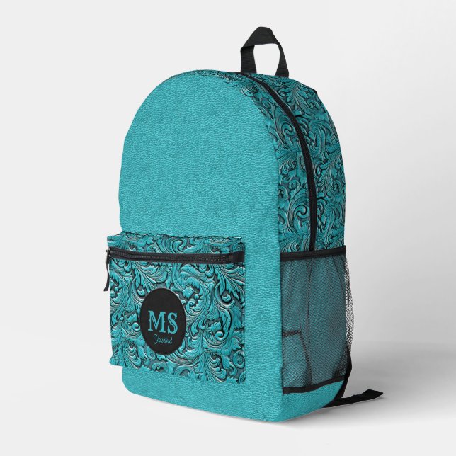 Sac À Dos Imprimé Monogramme turquoise en cuir à outils style occide (Coin arrière droit)