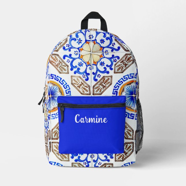 Sac À Dos Imprimé Mosaïque bleue italienne personnalisée (Recto)
