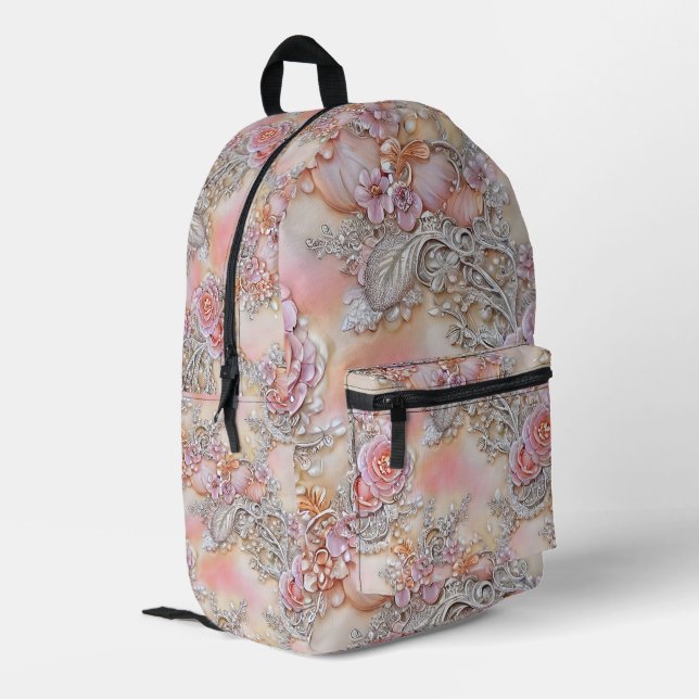 Sac À Dos Imprimé motif 3-D de roses rose et argent (Coin arrière gauche)
