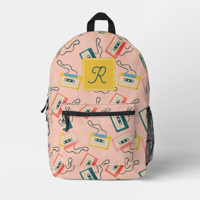 Sac À Dos Imprimé Motif de bande de cassette Monogramme rose (Recto)