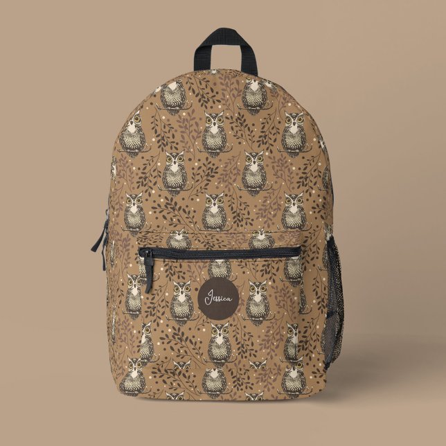 Sac À Dos Imprimé Motif de bois illustré de Chouette Brown (Brown Woodland Owl Pattern Backpack with custom name)