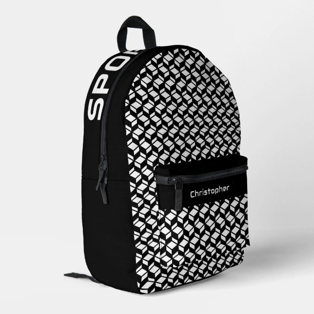 Sac À Dos Imprimé Motif de répétition moderne noir blanc (Coin arrière gauche)