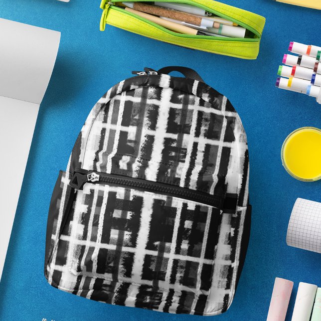 Sac À Dos Imprimé Motif noir blanc Abstrait brosse (Black White Pattern Abstract Brushstroke Printed Backpack)