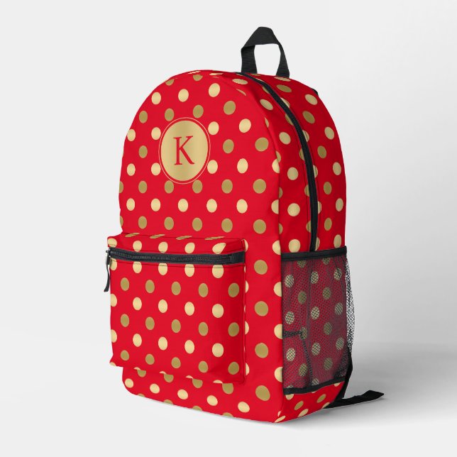 Sac À Dos Imprimé Motif pois d'or en rouge (Coin arrière droit)
