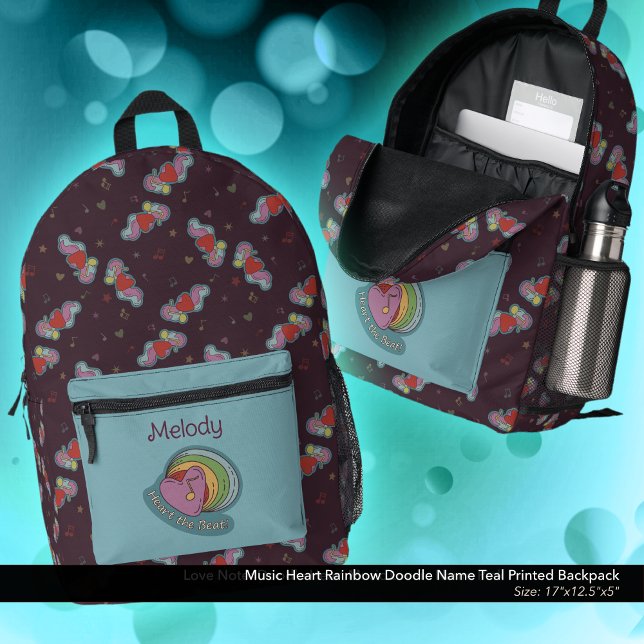 Sac À Dos Imprimé Music Heart Rainbow Doodle Nom Turquoise (Heart the Beat Rainbow Doodle  Design Backpack: Personalized with Owner's Name - Teal Accent Color)