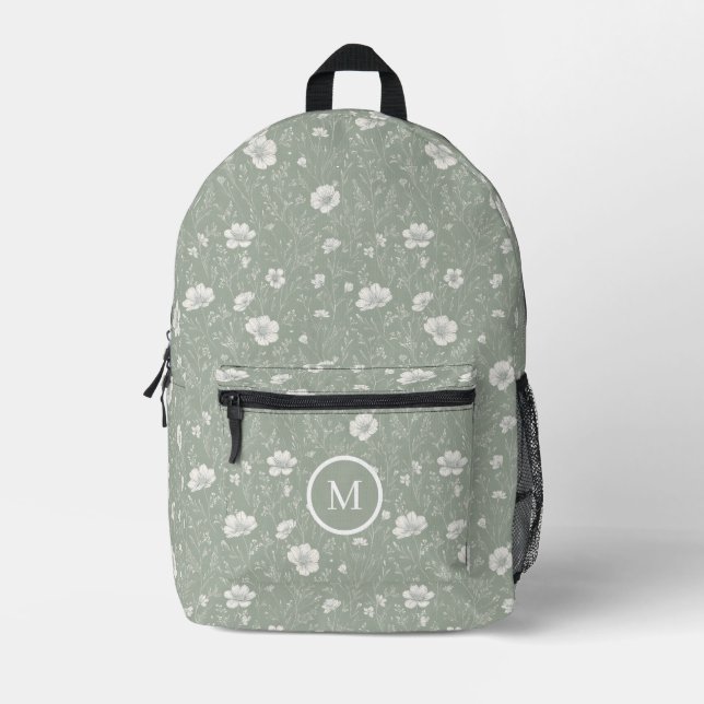 Sac À Dos Imprimé Muted Green And White Wildflower Pattern  (Recto)