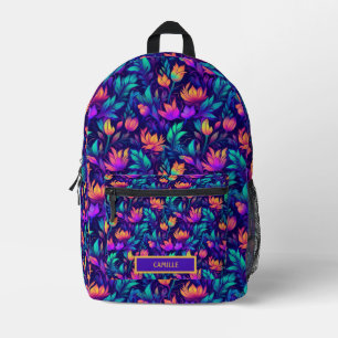 Sac À Dos Imprimé Neon Purple Turquoise Orange Monogramme Nom Camp