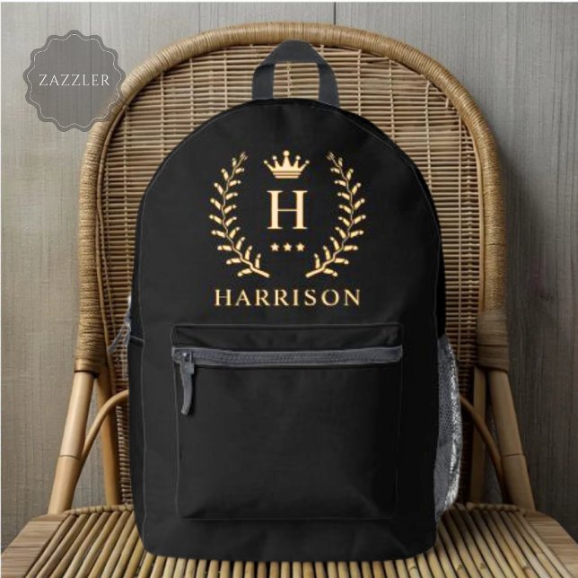Sac À Dos Imprimé Nom de la Personnaliser et premier monogramme noir (Customize Name & Initial Black White Gold Monogram Printed Backpack)