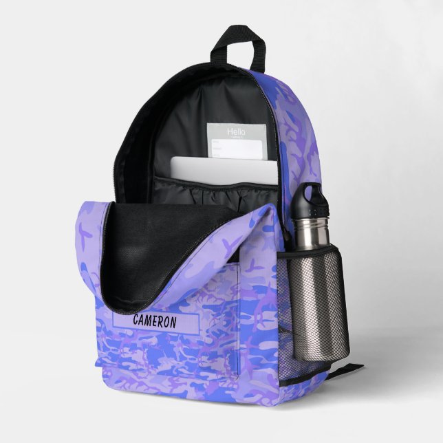 Sac À Dos Imprimé Nom personnalisé Camouflage Pastel Bleu Abstrait (Coin arrière droit (ouvert))