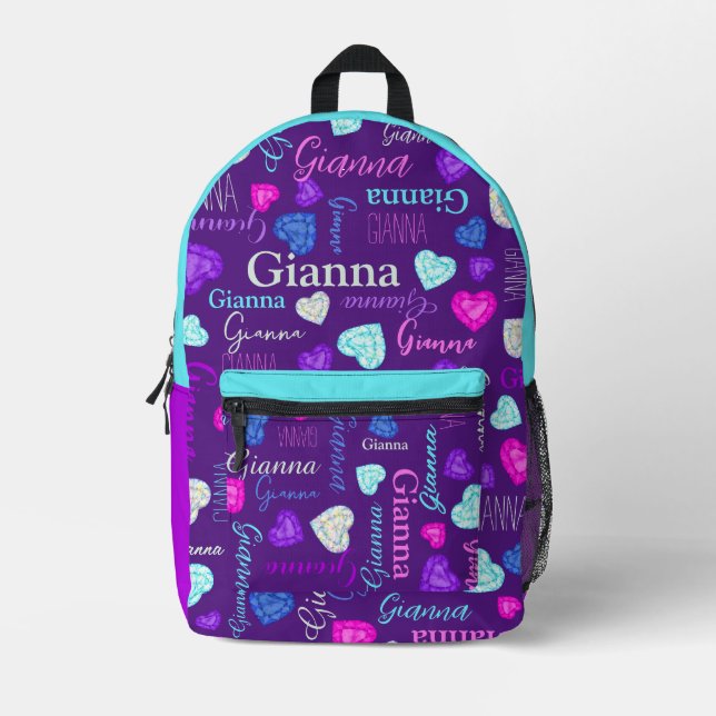 Sac À Dos Imprimé Nom personnalisé d'aqua rose violet partout (Recto)