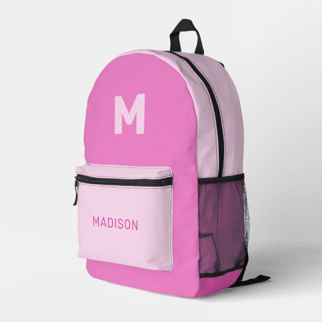 Sac À Dos Imprimé Nom personnalisé et monogramme rose (Coin arrière droit)