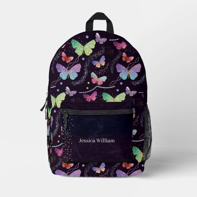 Sac À Dos Imprimé Nom personnel Élégant Papillons violets brillants (Recto)