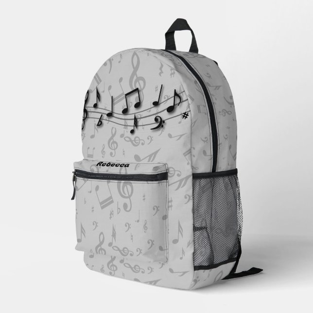 Sac À Dos Imprimé Notes musicales personnalisées en noir et gris (Coin arrière droit)