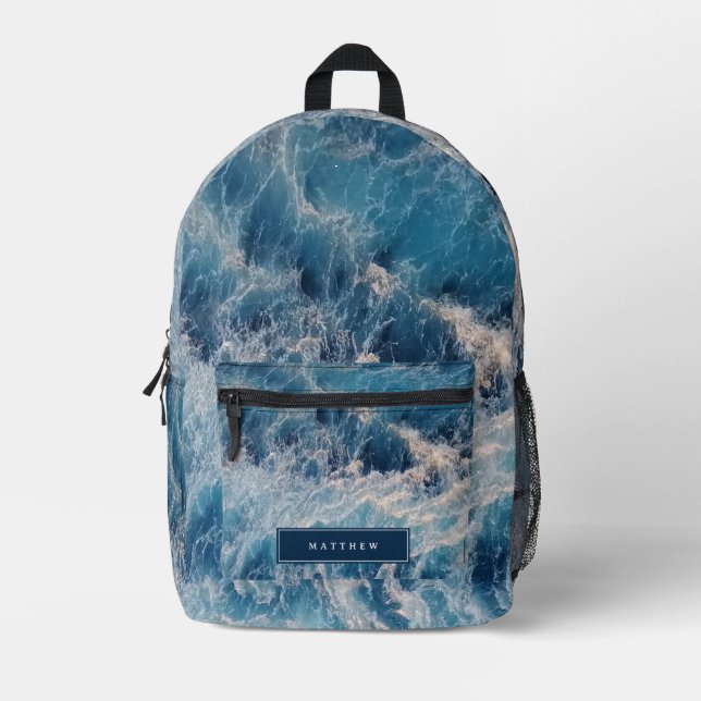 Sac À Dos Imprimé Ocean Blue Waves Nom personnalisé École (Recto)