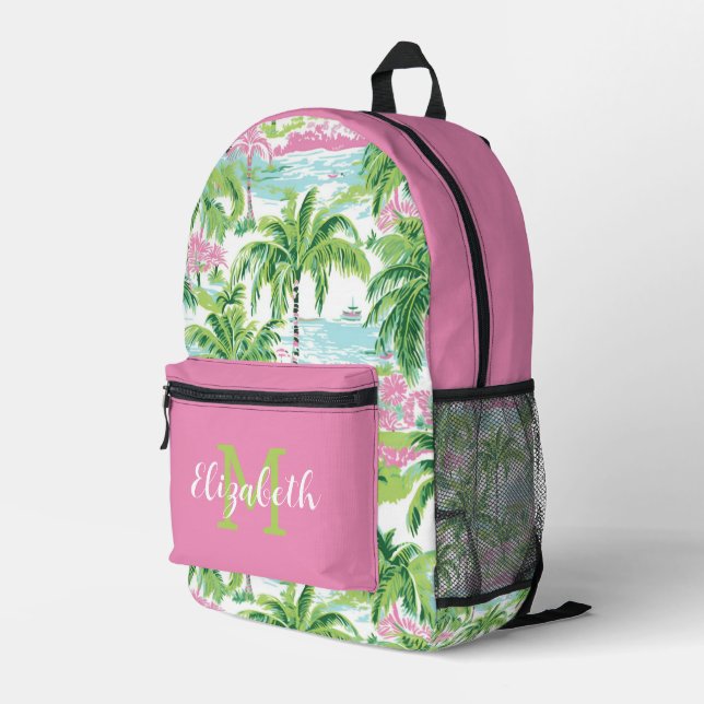 Sac À Dos Imprimé Palmiers tropicaux rose et vert de Preppy Monogram (Coin arrière droit)