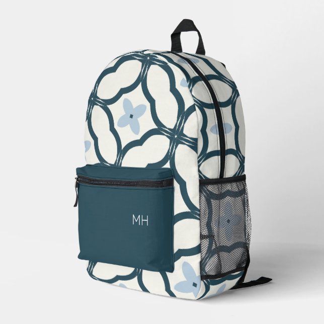Sac À Dos Imprimé Paraphe bleu Mandala Motif Monogramme Initiales (Coin arrière droit)