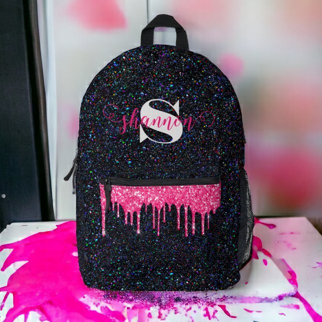 Sac À Dos Imprimé Parties scintillant noire Hot Pink Nom personnalis (Créateur téléchargé)