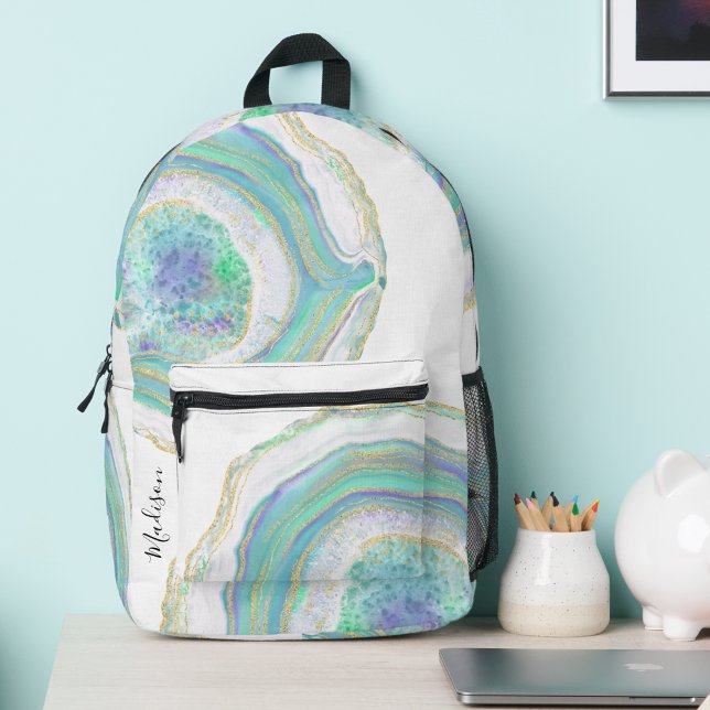 Sac À Dos Imprimé Pastel Aqua et Purple Agate Motif avec nom (Créateur téléchargé)