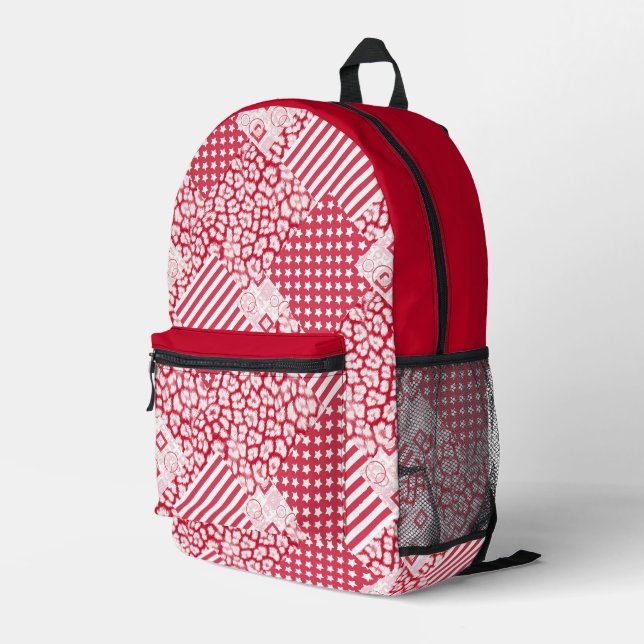 Sac À Dos Imprimé Patchwork rouge et blanc rustique (Coin arrière droit)