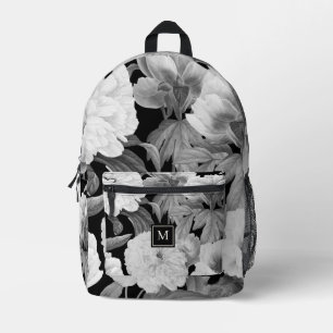Sac À Dos Imprimé Peonies noires et blanches Aquarelle Monogramme fl