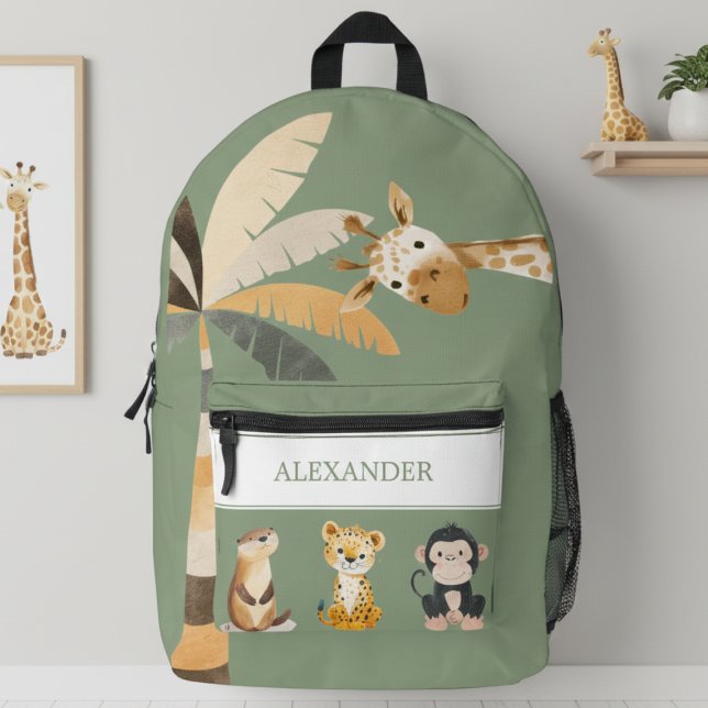 Sac À Dos Imprimé Personalized Safari Animals Backpack (cute safari animals giraffe jungle sage green backpack with personalized monogram name for kids)