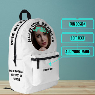 Sac À Dos Imprimé Photo ronde personnalisée et texte blanc uni