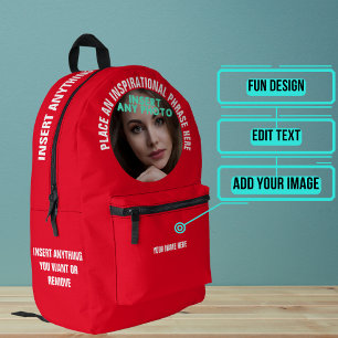 Sac À Dos Imprimé Photo ronde personnalisée et texte rouge uni