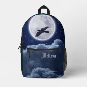 Sac À Dos Imprimé Pleine lune sur daim bleu avec corbeau