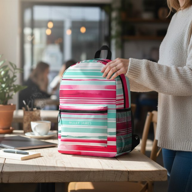 Sac À Dos Imprimé Préppy moderne Cyan Magenta Nom personnalisé (Créateur téléchargé)