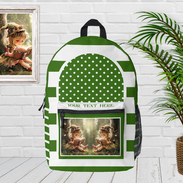 Sac À Dos Imprimé Retro Vert Blanc rayé Photo Artistique (Green and white backpack featuring a retro striped design with polka dots and your custom photo)